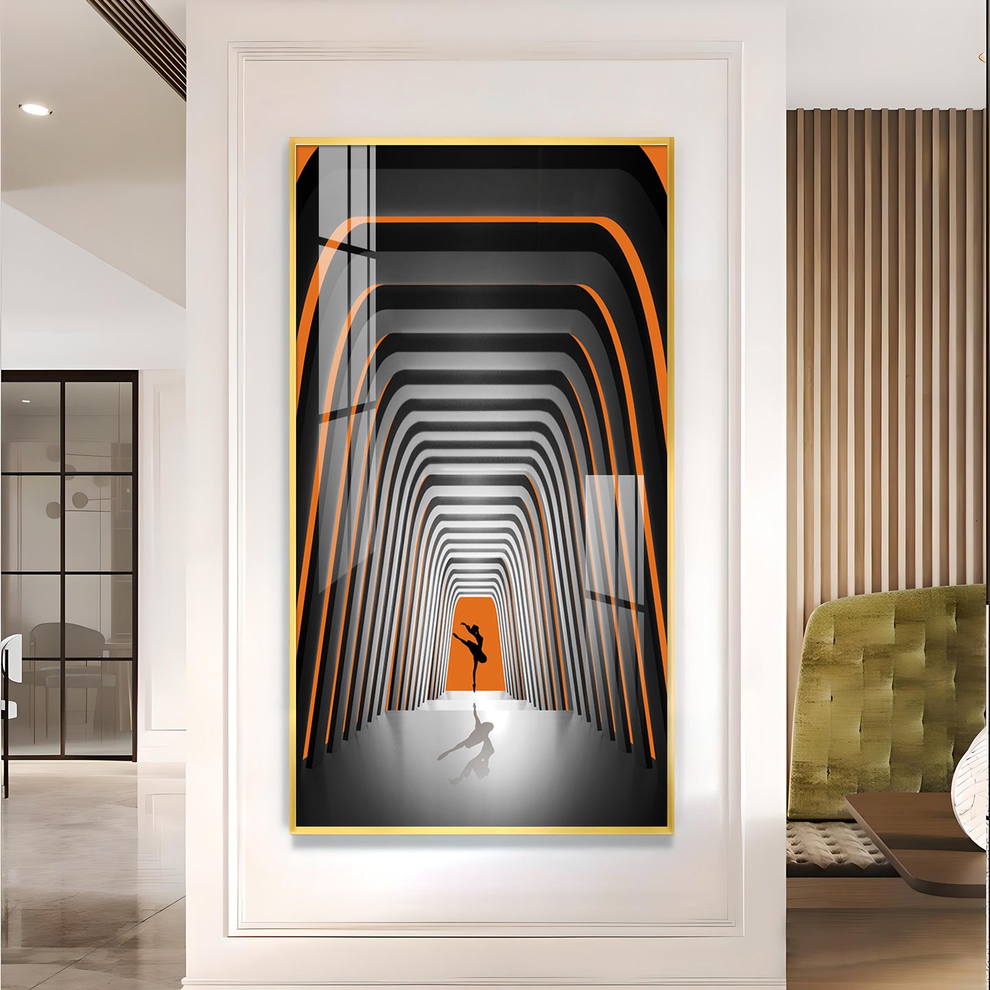 Striped Illusion Of Dancing Girl Glass Finish Vertical Wall Art