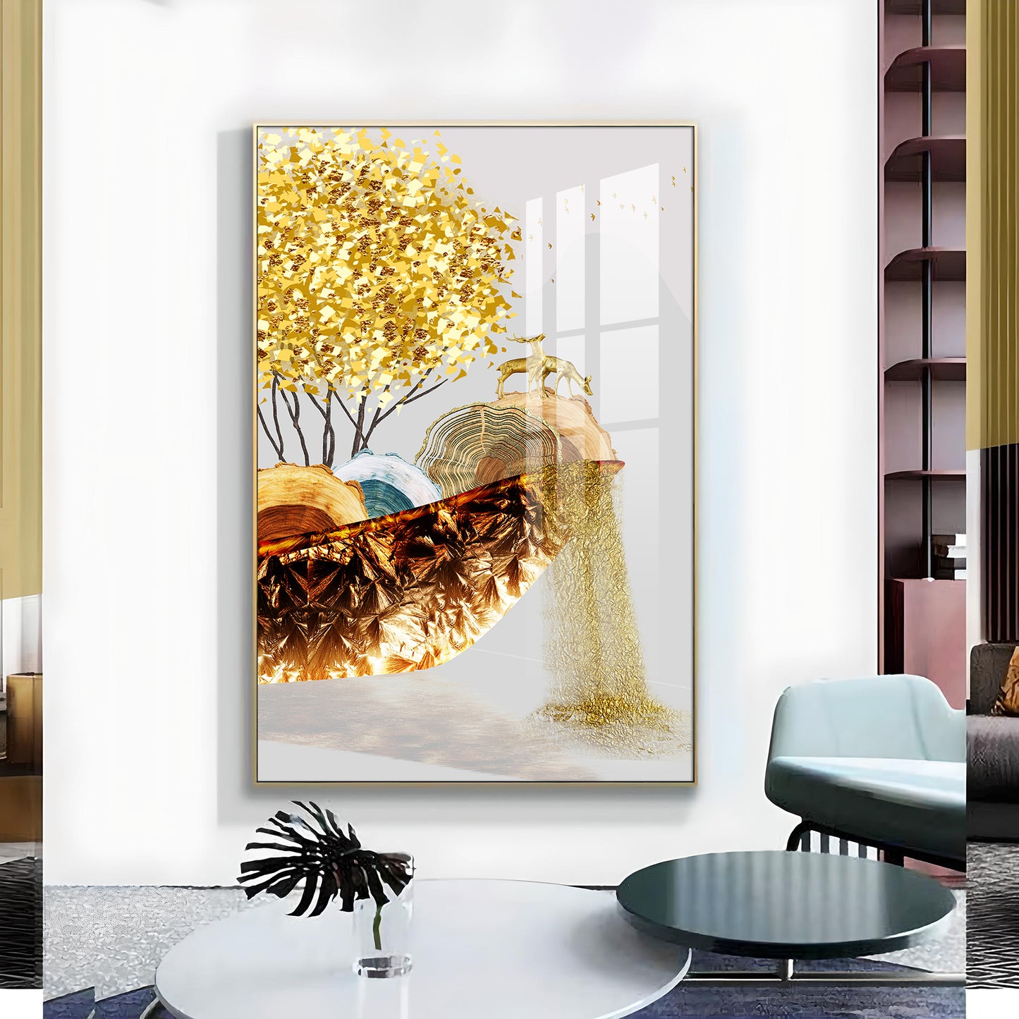 Golden Serenity Glass Finish Vertical Wall Art