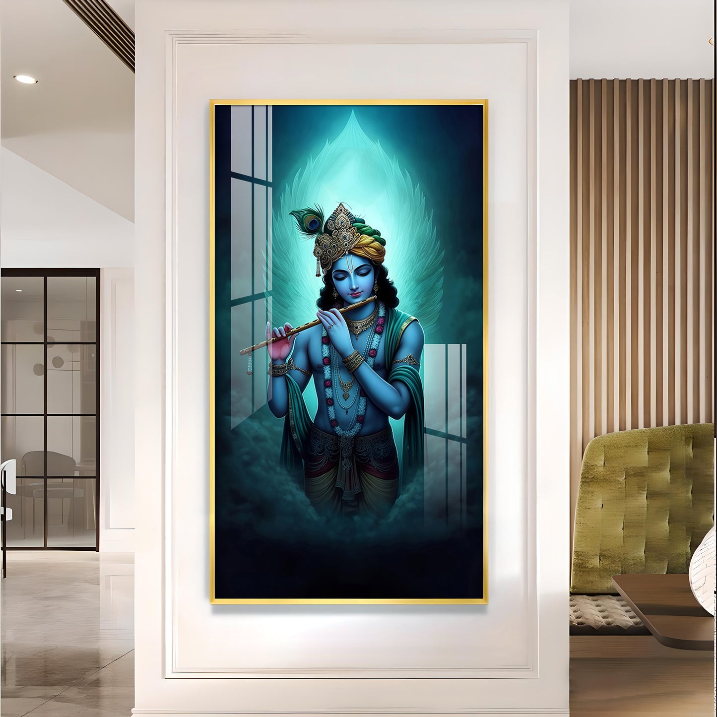 Spiritual Krishna In Vibrant Color Glass Finish Vertical Wall Art