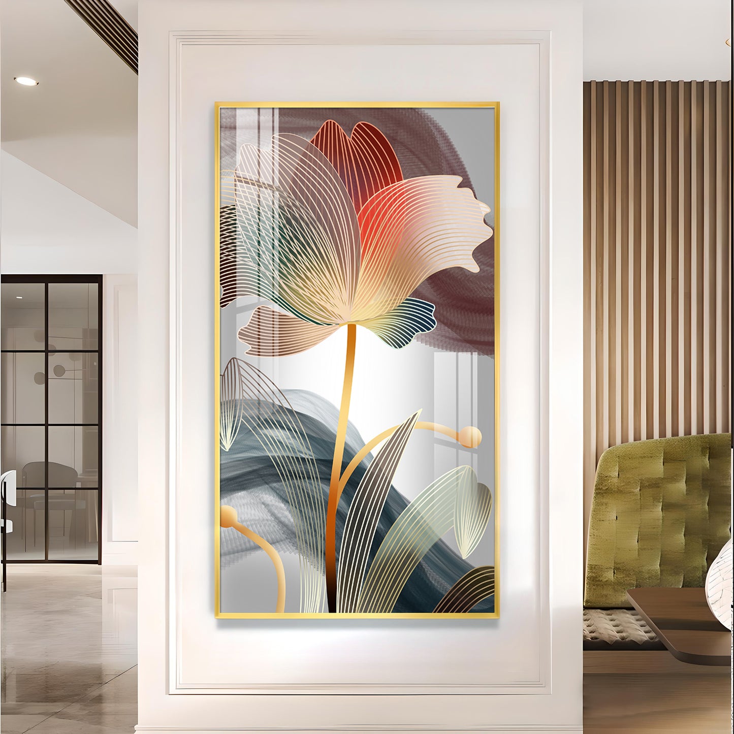 Floral Wave Glass Finish Vertical Wall Art