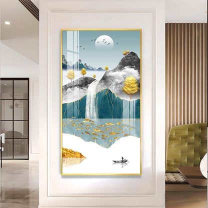 Painting of a Waterfall and Boat Glass Finish Vertical Wall Art