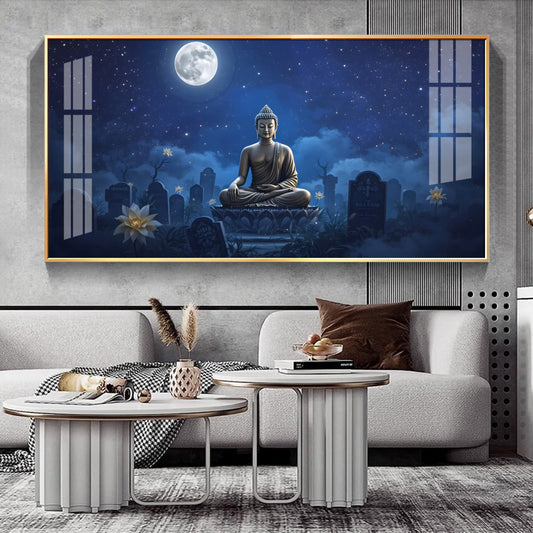 Buddha In Moonlight Glass Finish Horizontal Wall Art