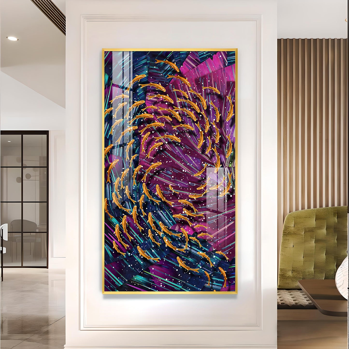 Chromatic Fish Dance Glass Finish Vertical Wall Art