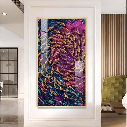 Chromatic Fish Dance Glass Finish Vertical Wall Art