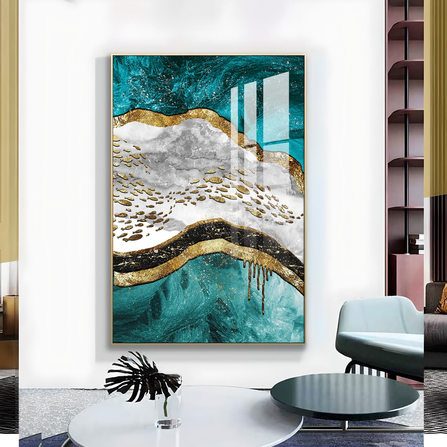 Aqua Gold Cascade Glass Finish Vertical Wall Art