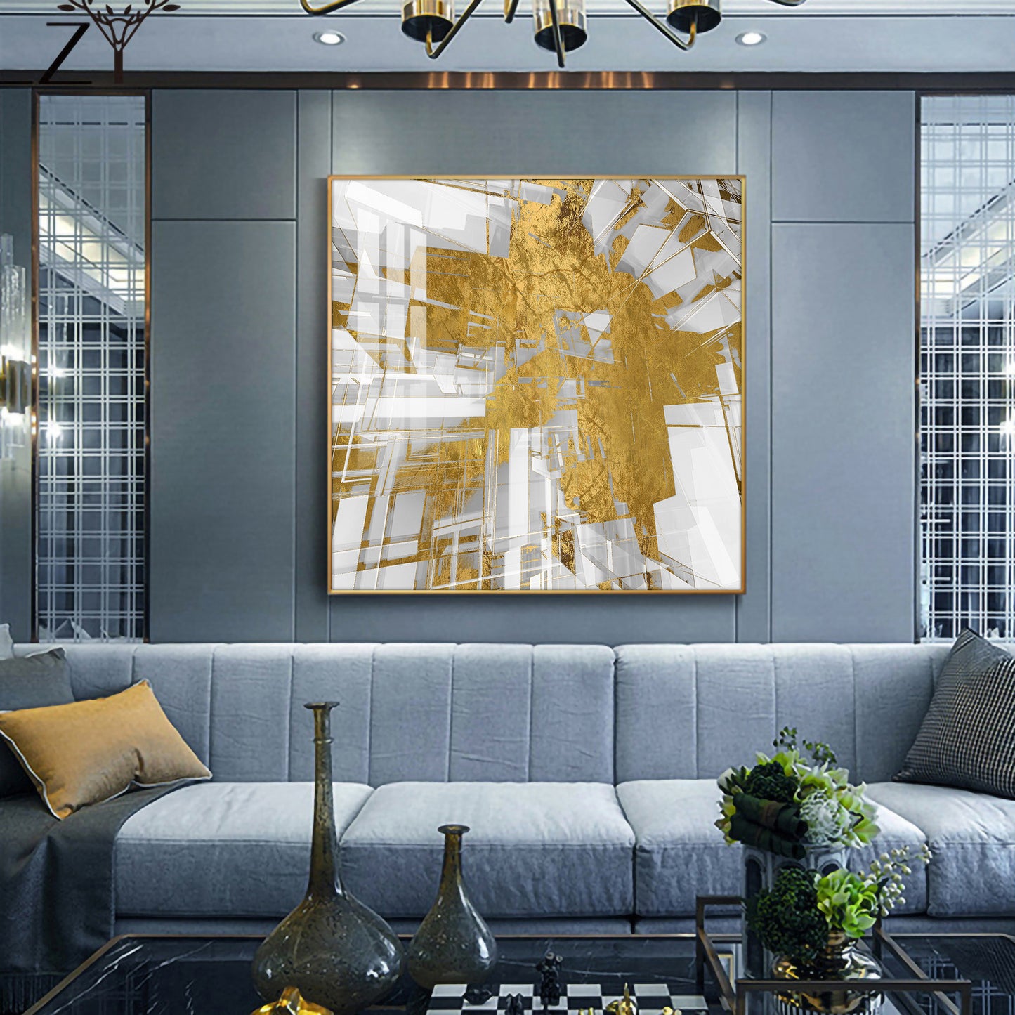 Symphony in Gold and White Glass Finish Square Wall Art