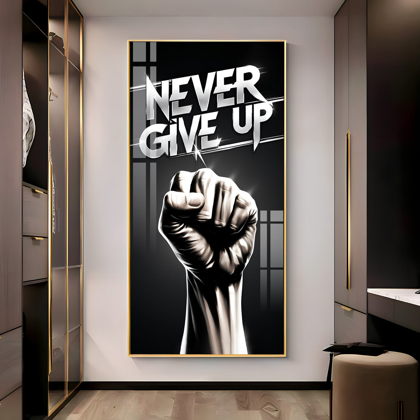 Never Give Up Motivational Quote Glass Finish Vertical Wall Art