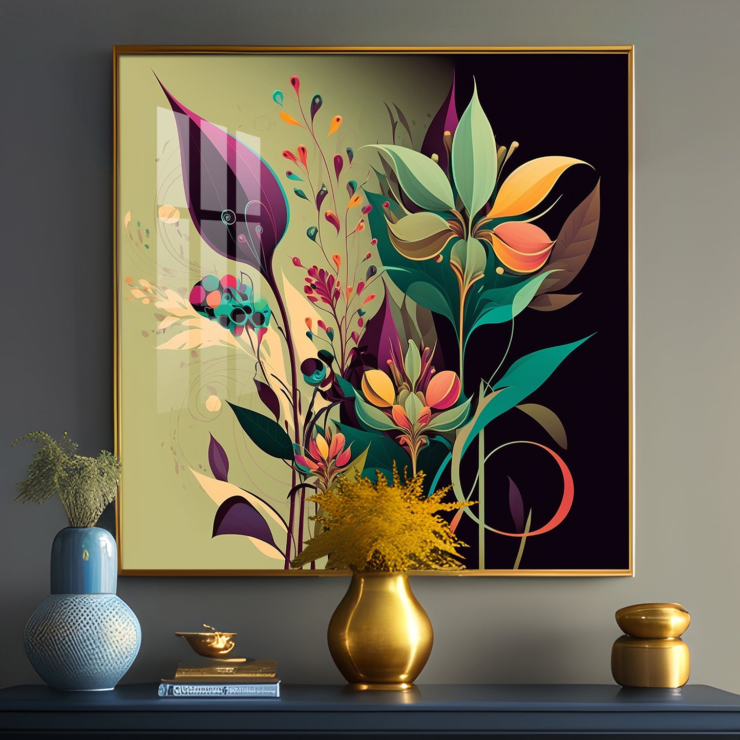 Midnight Petals Glass Finish Square Wall Art