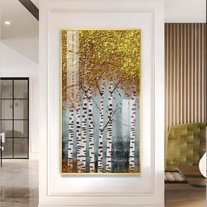 Autumnal Birch Reverie Glass Finish Vertical Wall Art