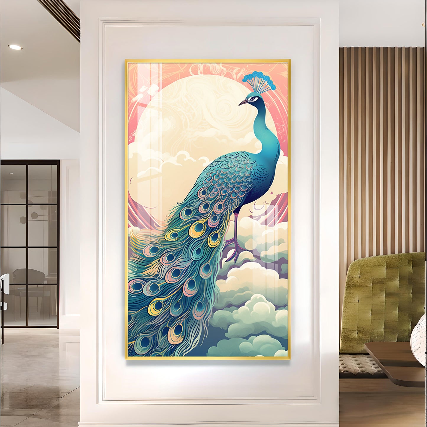 Heavenly Peacock Vista Glass Finish Vertical Wall Art