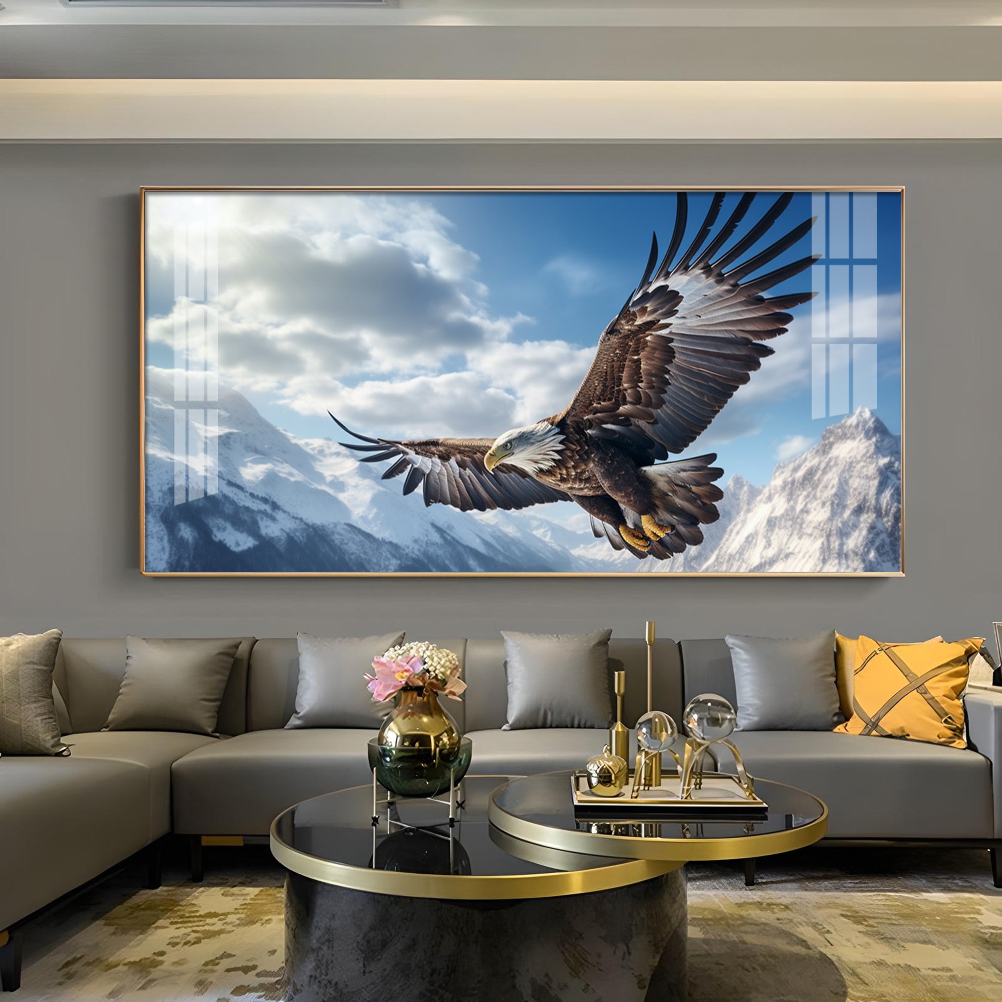 Eagle Flying Over Mountains Glass Finish Horizontal Wall Art