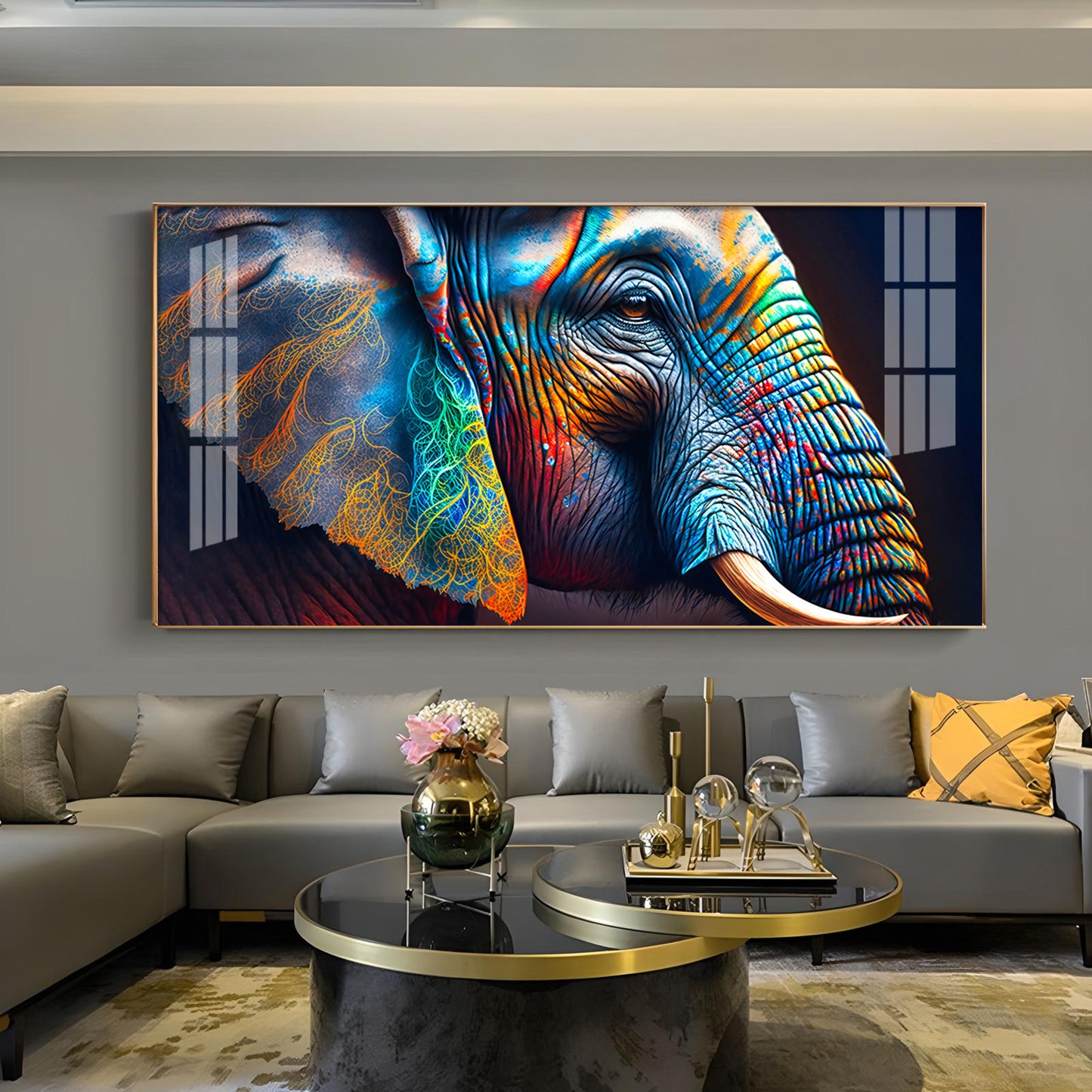 Vibrant Elephant Glass Finish Horizontal Wall Art