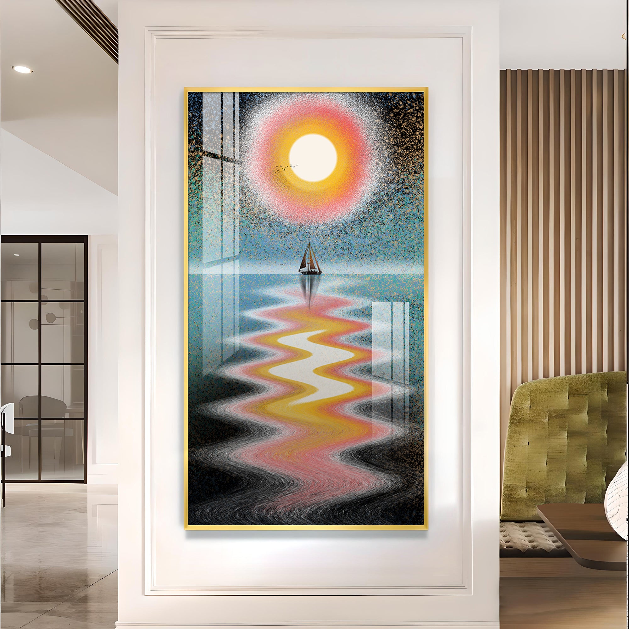 Sunlit Voyage Glass Finish Vertical Wall Art