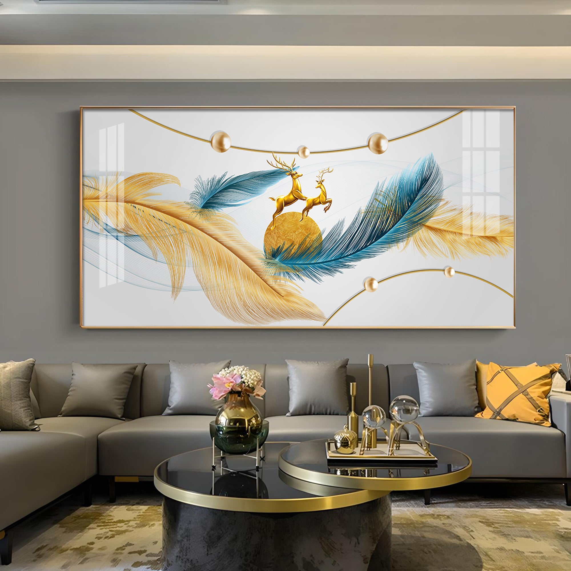 Golden Blue Feathers Glass Finish Horizontal Wall Art