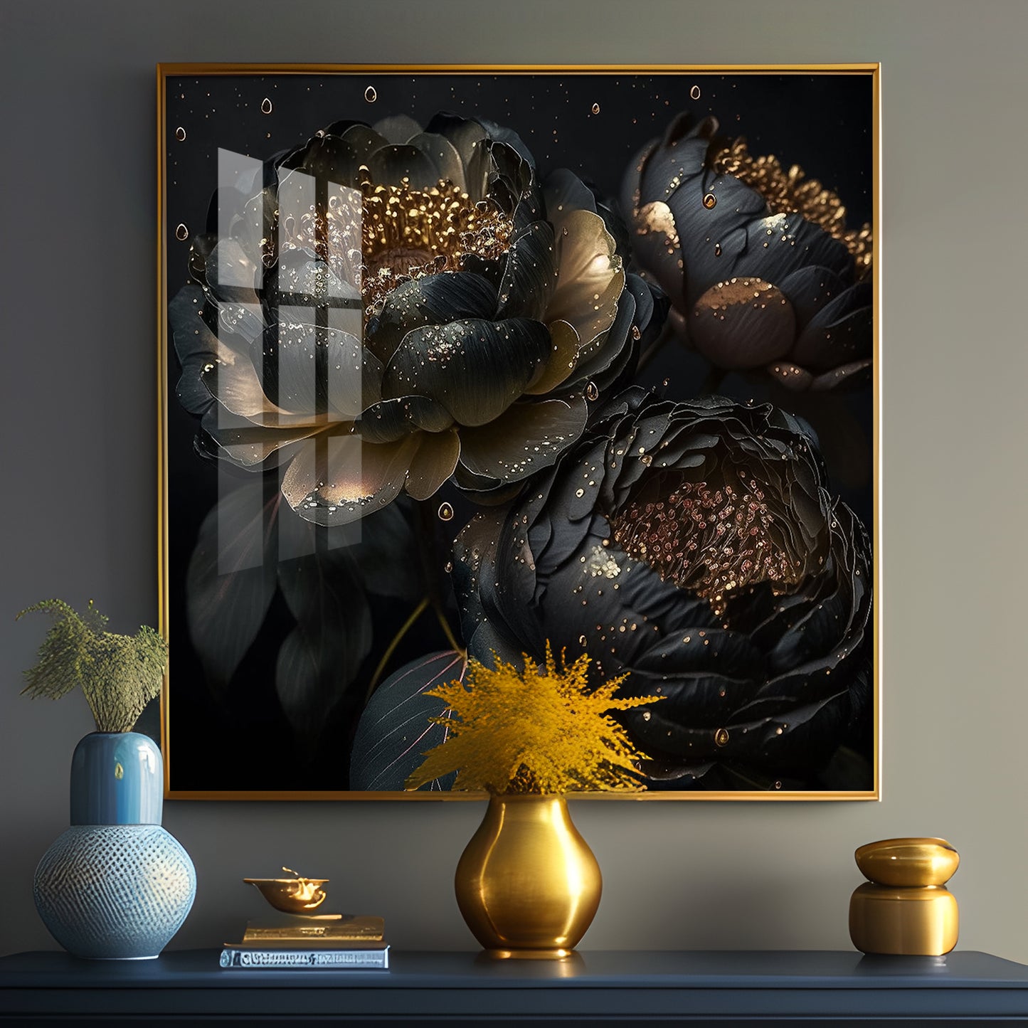 Golden Petals Noir Glass Finish Square Wall Art