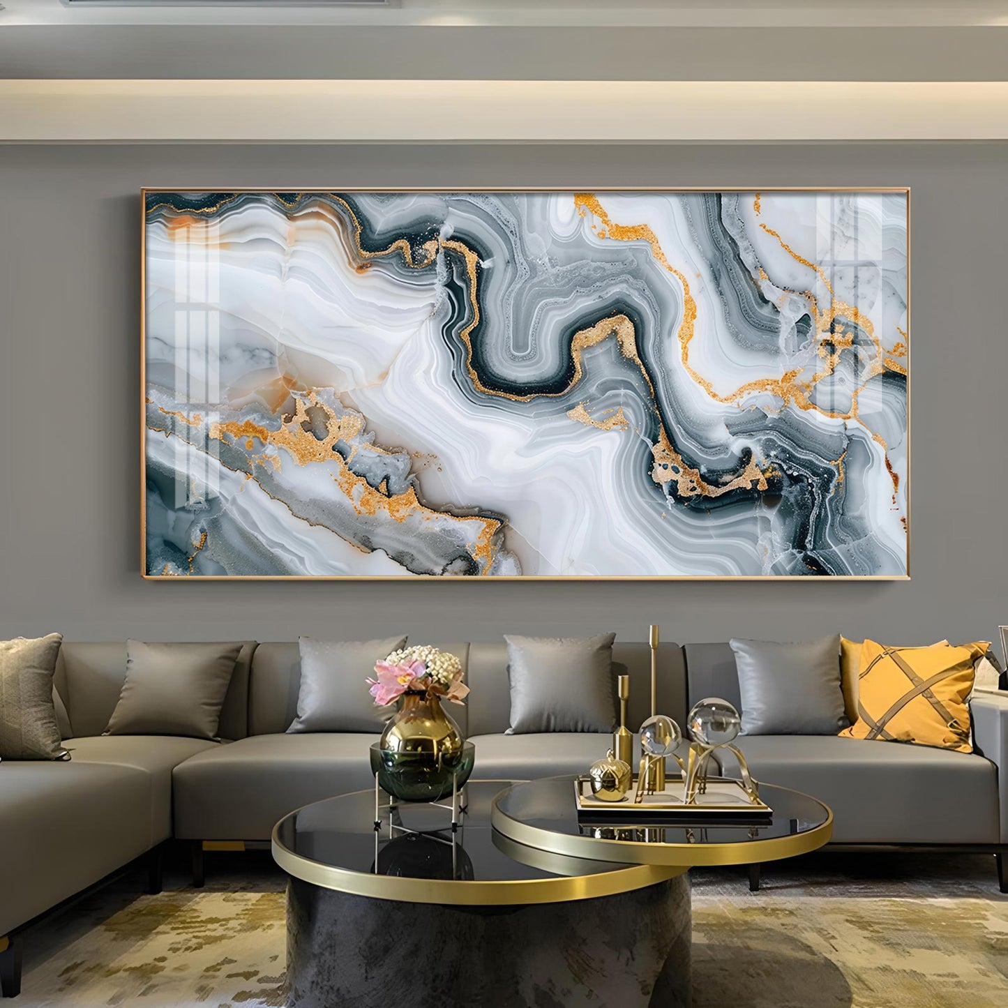 Modern Abstract Golden & Gray Glass Finish Horizontal Wall Art