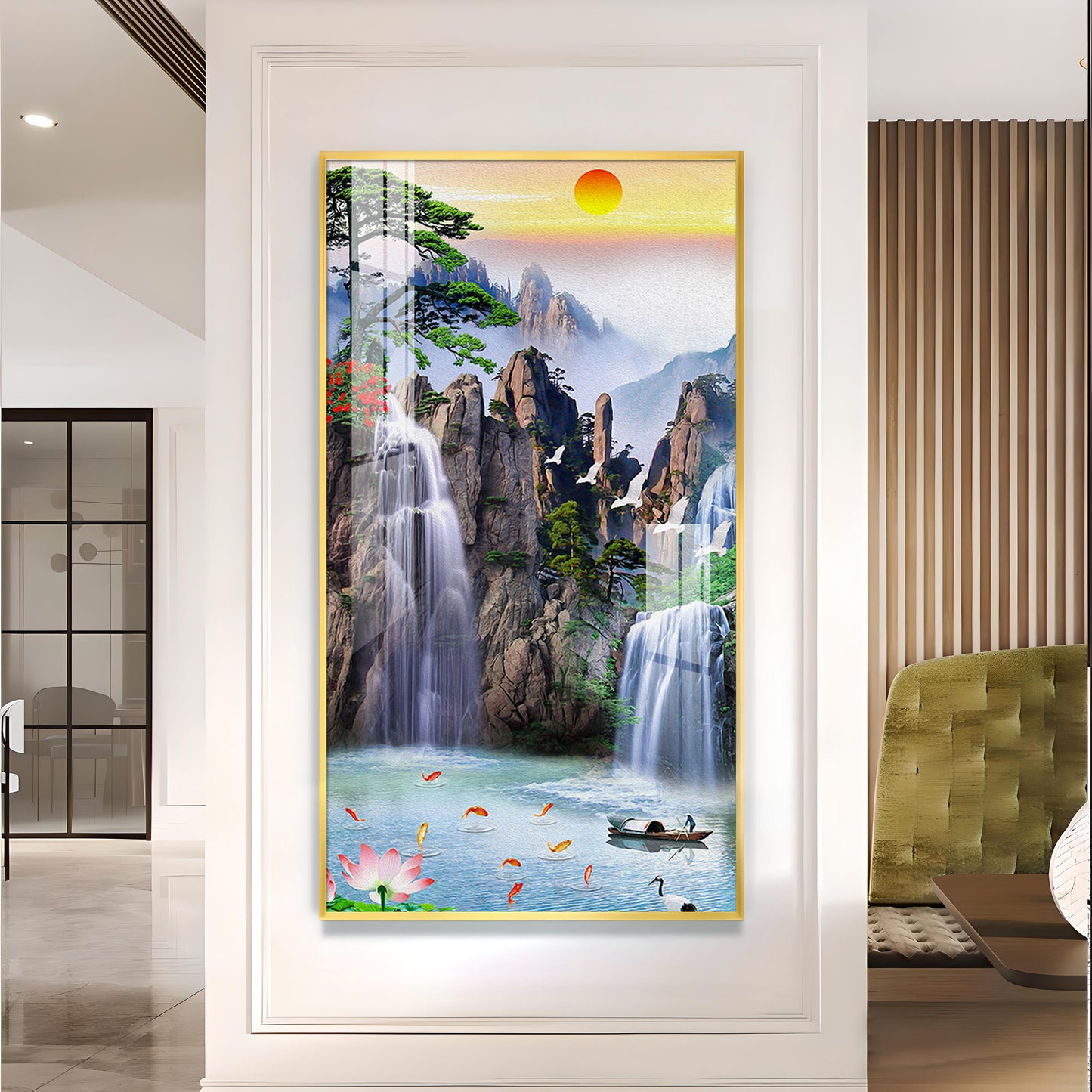 Portrait of Water and Birds Glass Finish Vertical Wall Art