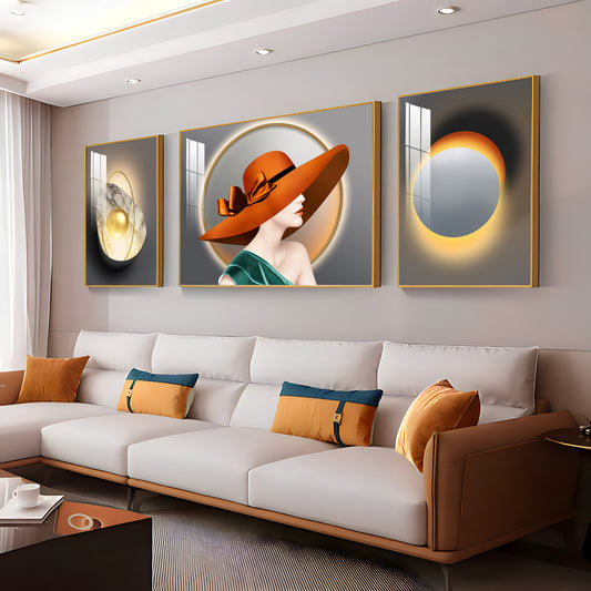 Girl With Orange Hat Glass Finish Wall Art (Set Of 3)