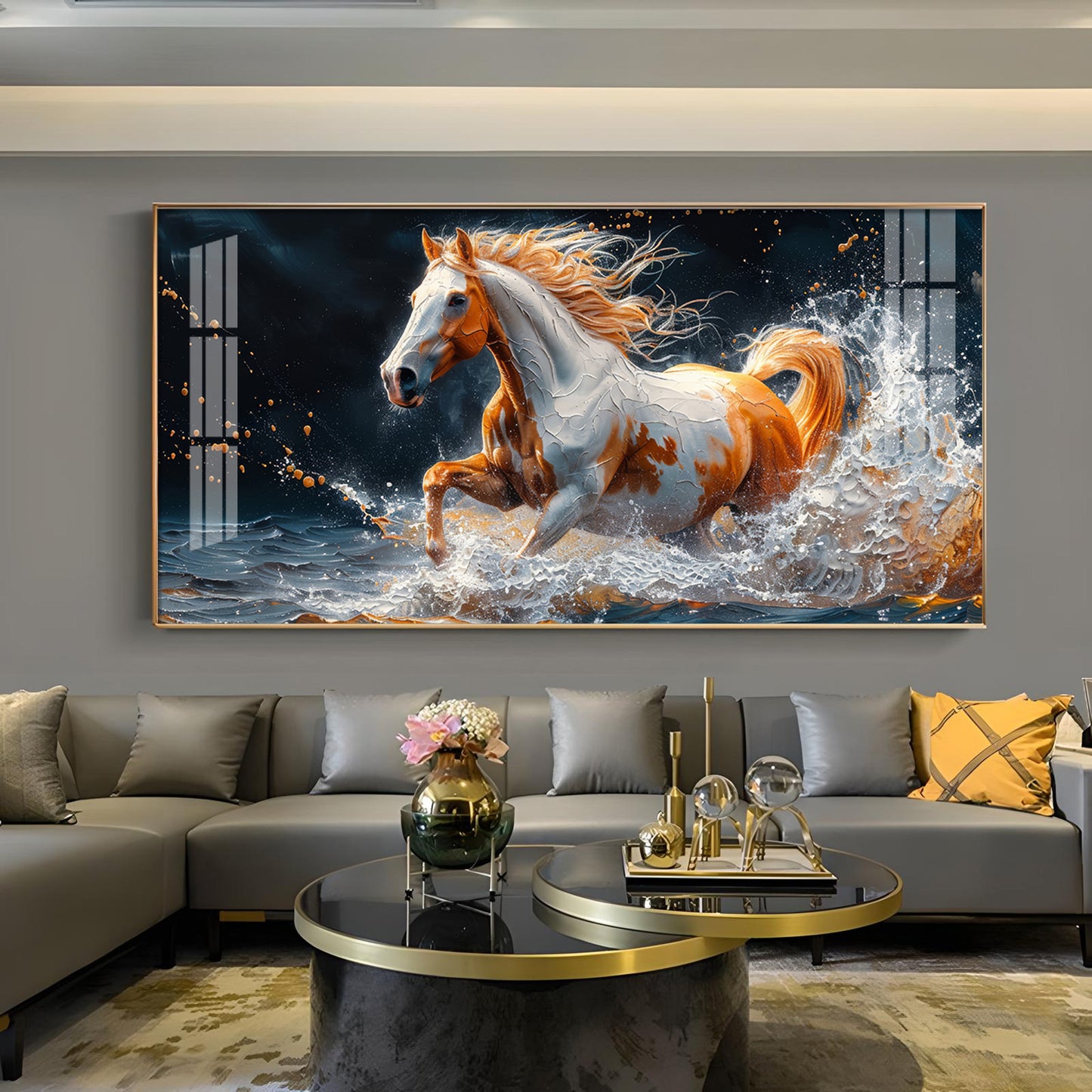 One Horse Running Glass Finish Horizontal Wall Art