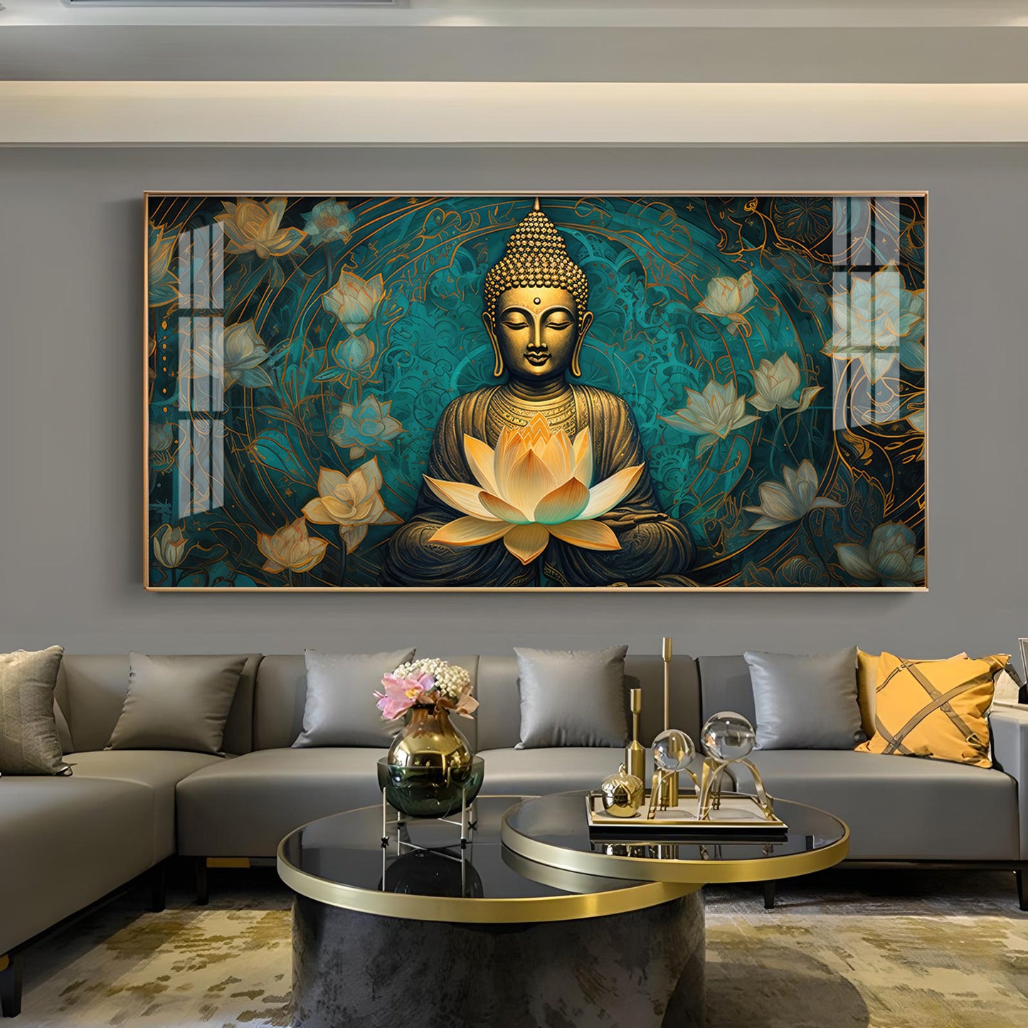 Golden Buddha With Lotus Glass Finish Horizontal Wall Art