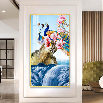 Peacock Amidst Floral Waters Glass Finish Vertical Wall Art