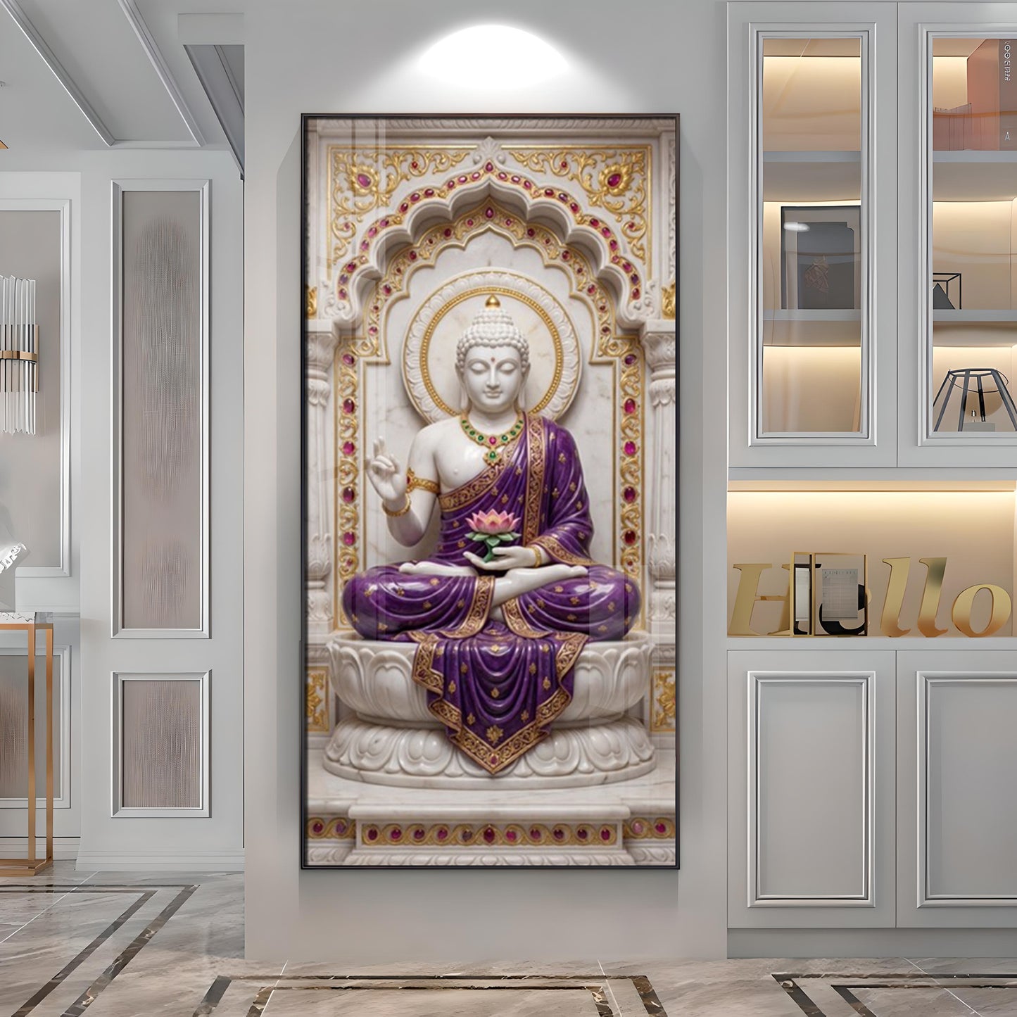 Elegant Gautam Buddha Glass Finish Vertical Wall Art