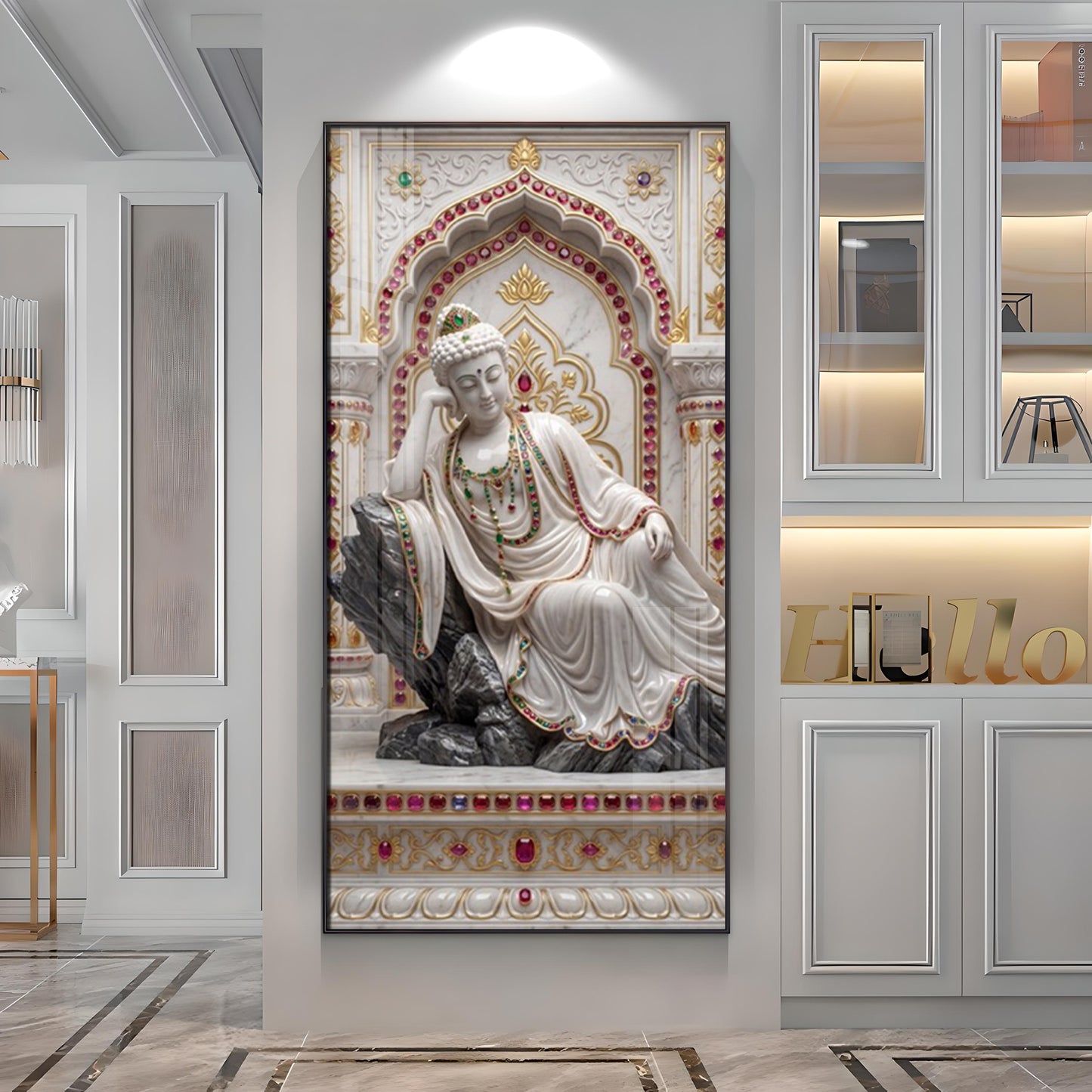 Elegant Buddha Glass Finish Vertical Wall Art