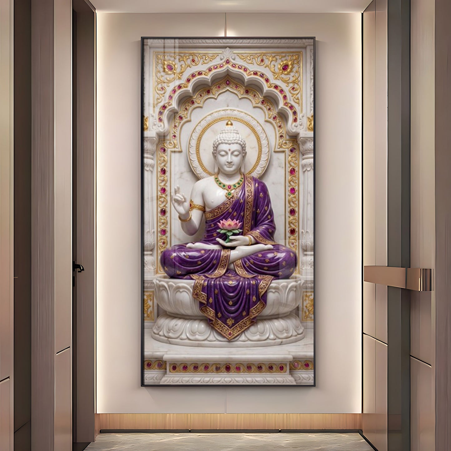 Elegant Gautam Buddha Glass Finish Vertical Wall Art
