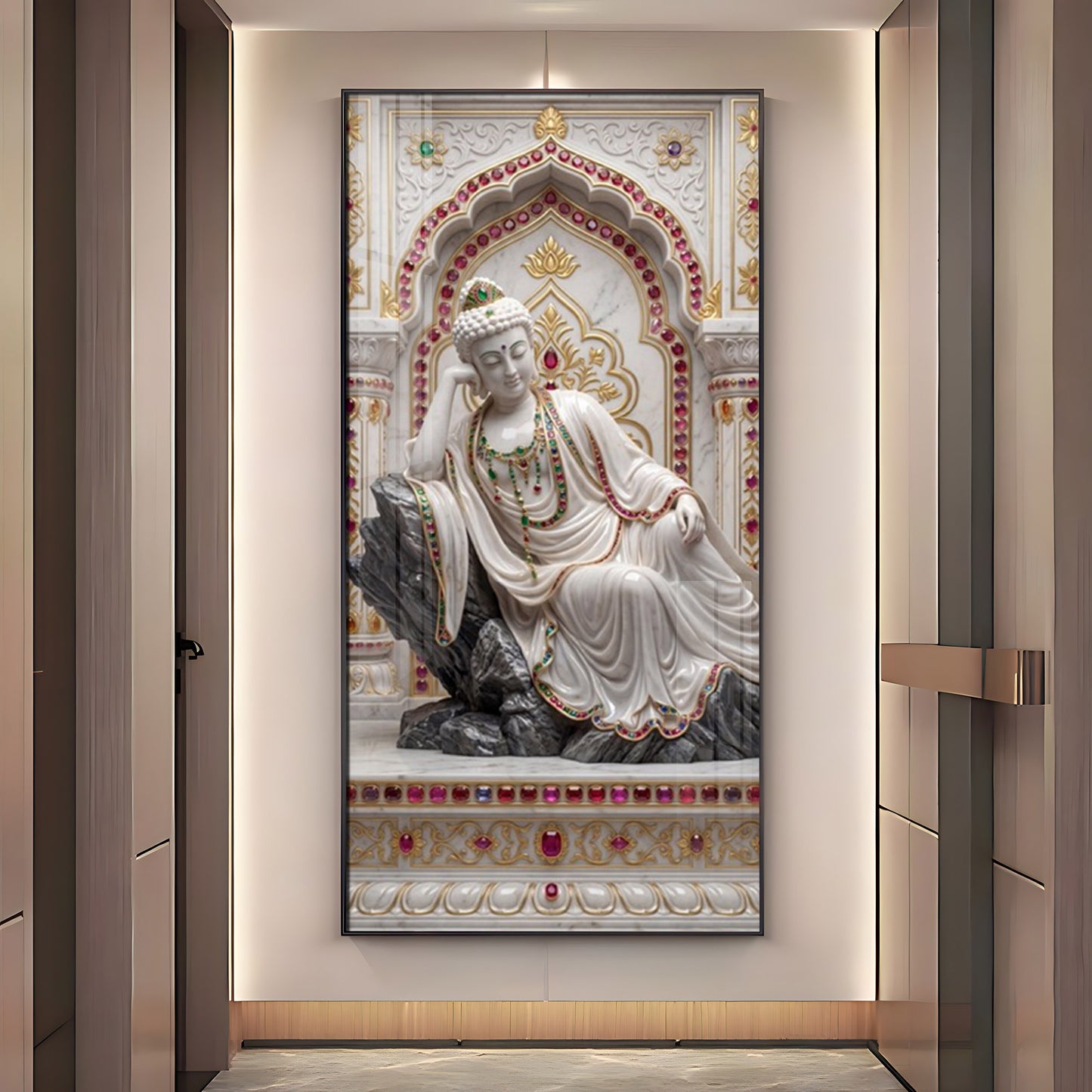Elegant Buddha Glass Finish Vertical Wall Art