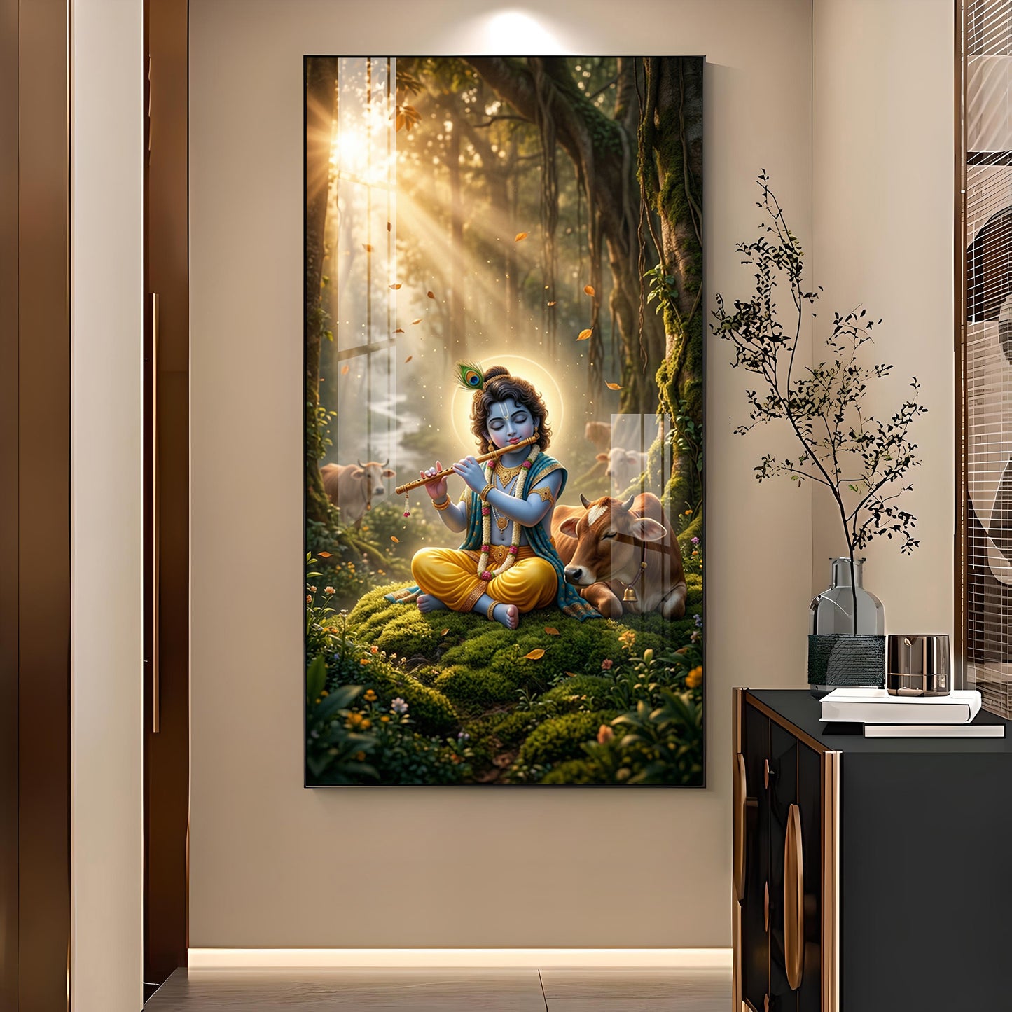 Lord Krishna Playing Flute In Garden Glass Finish Vertical Wall Art