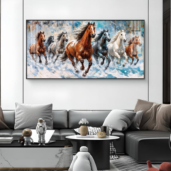Running Horses Vastu Glass Finish Horizontal Wall Art