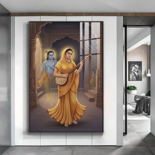 Meera Bai and Krishna Glass Finish Vertical Wall Art