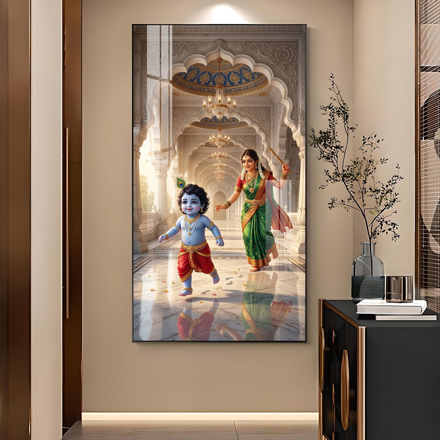 Little kanha With Maa Yashoda Glass Finish Vertical Wall Art