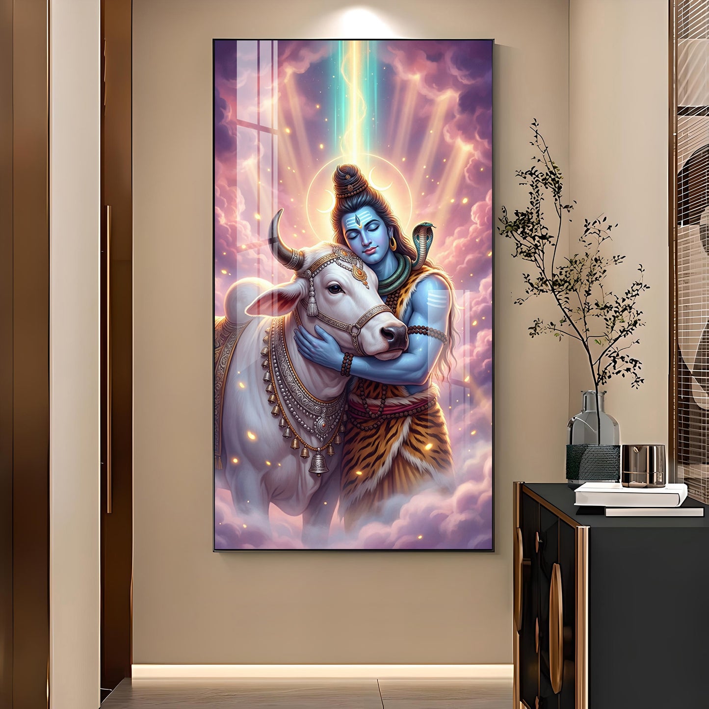 Lord Shiva and Nandi Glass Finish Vertical Wall Art