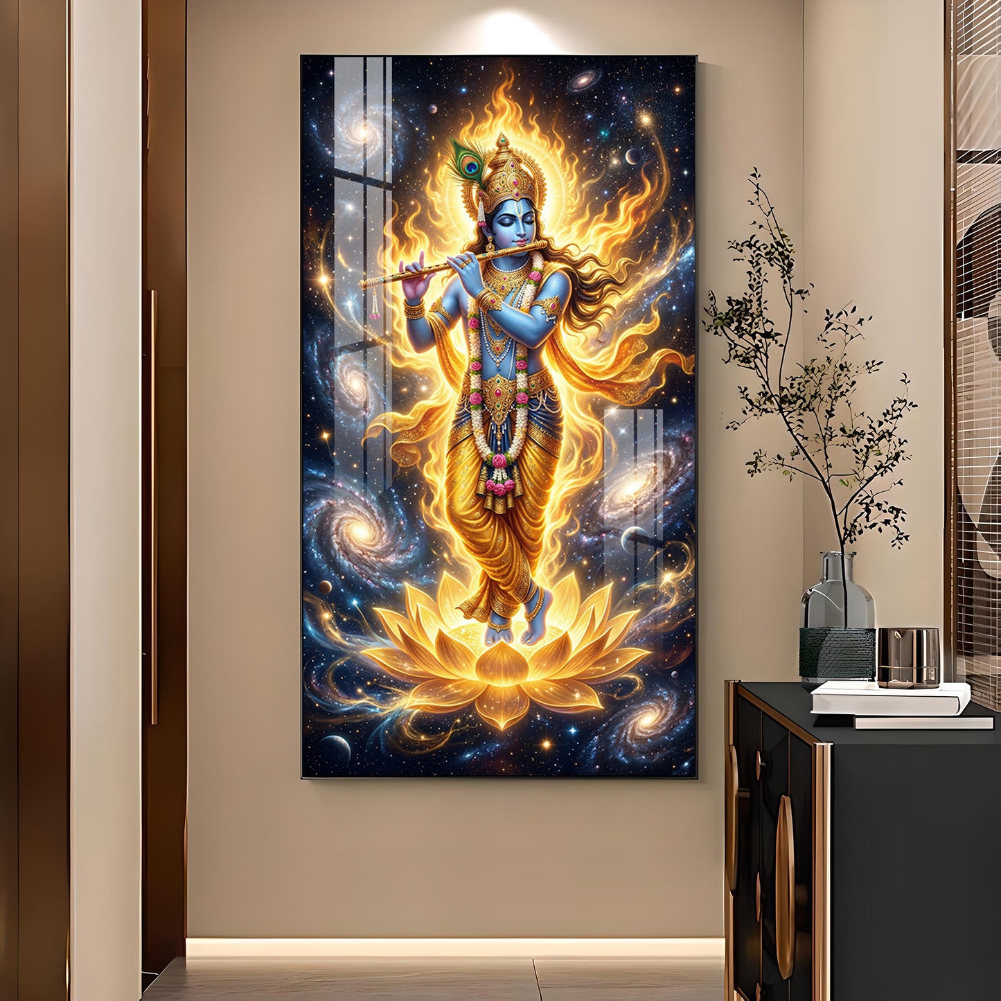 Lord Krishna Playing Bansuri Glass Finish Vertical Wall Art
