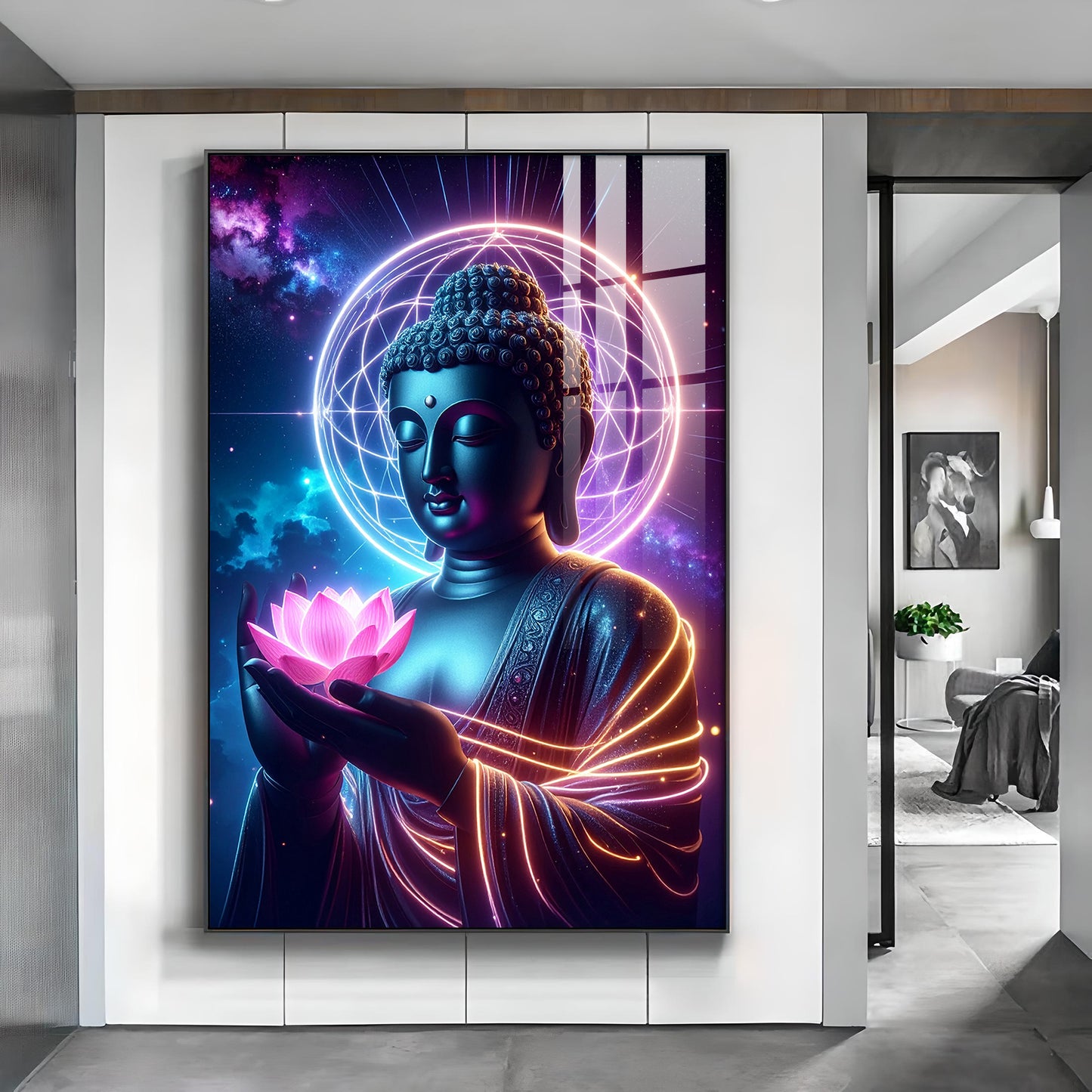 Divine Blessings Of Buddha Glass Finish Vertical Wall Art