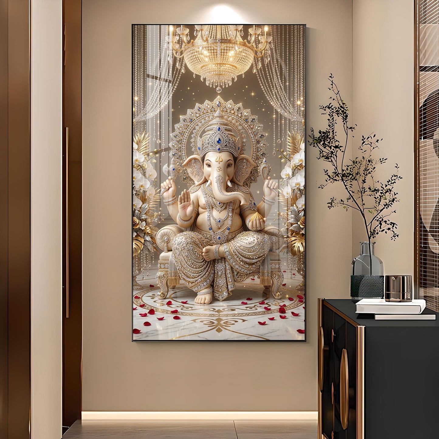 Jai Ganesh Deva Glass Finish Vertical Wall Art