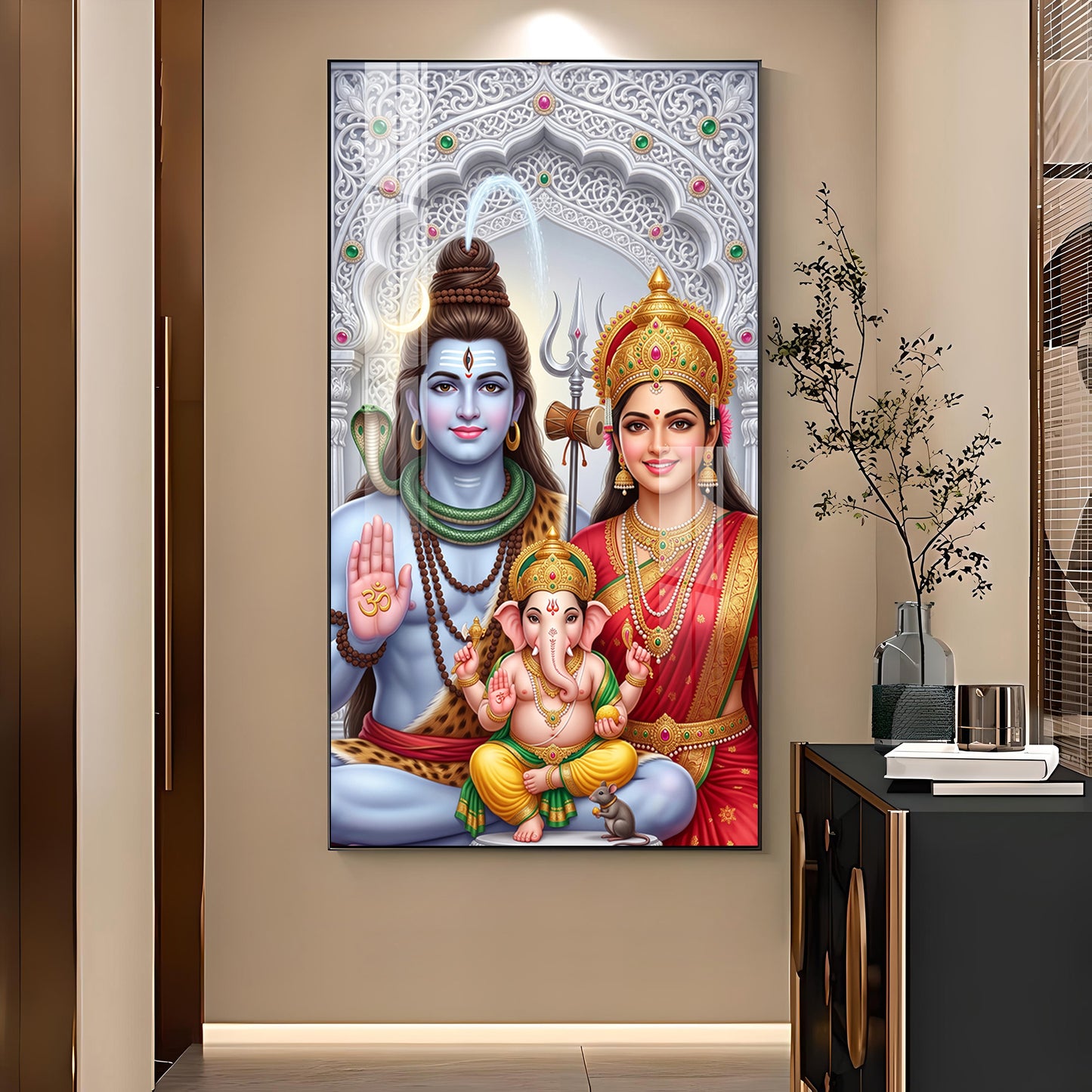 Hindu Deity Family Glass Finish Vertical Wall Art