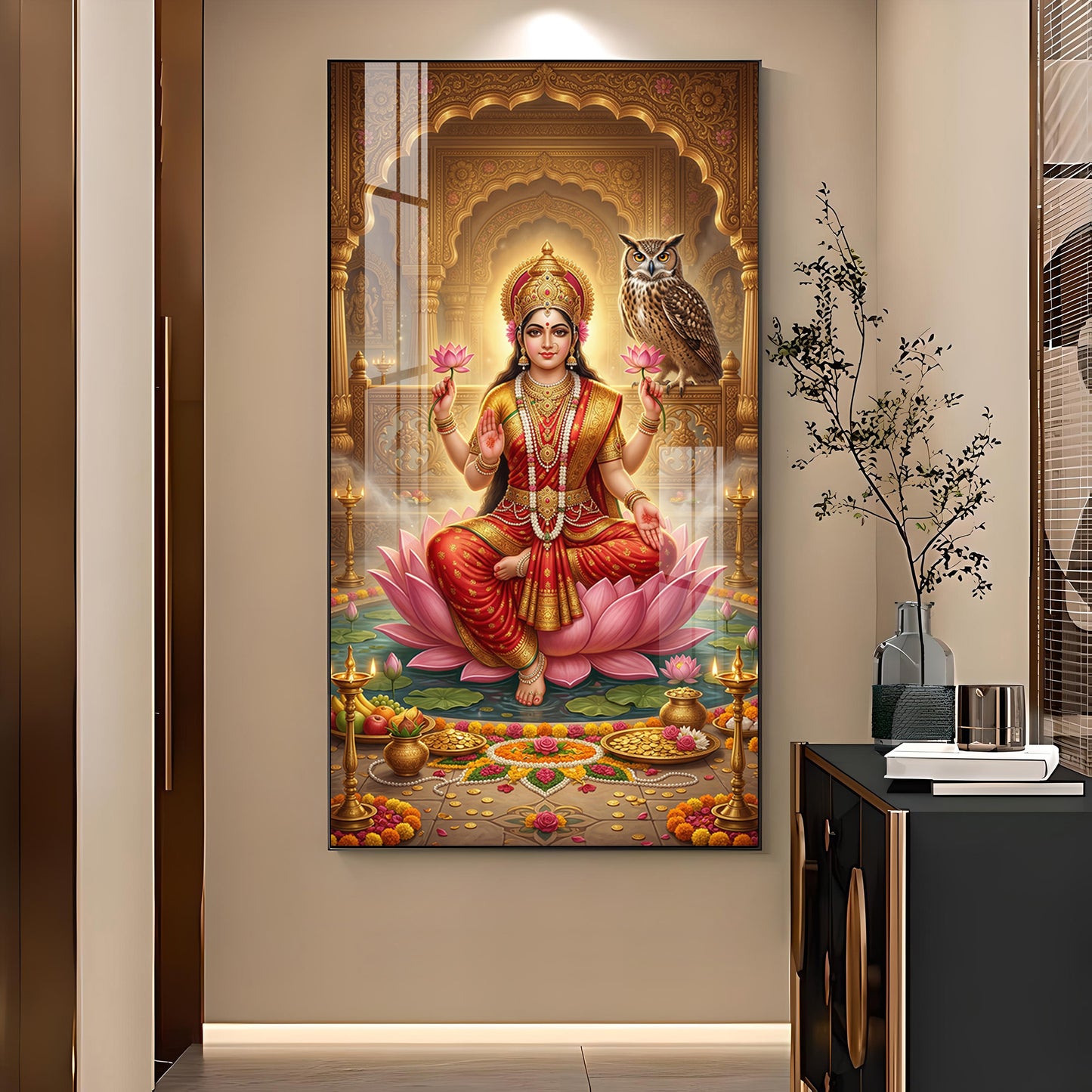 Goddess Mahalakshmi Glass Finish Vertical Wall Art