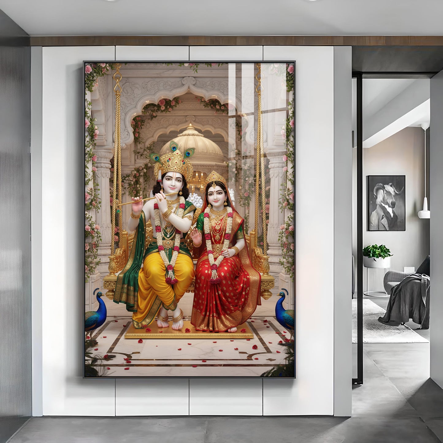 Hindu Deities Radha & Krishna Sitting Together Glass Finish Vertical Wall Art