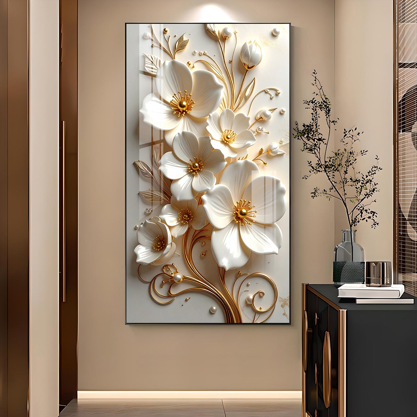 Pure Elegance Flora Glass Finish Vertical Wall Art