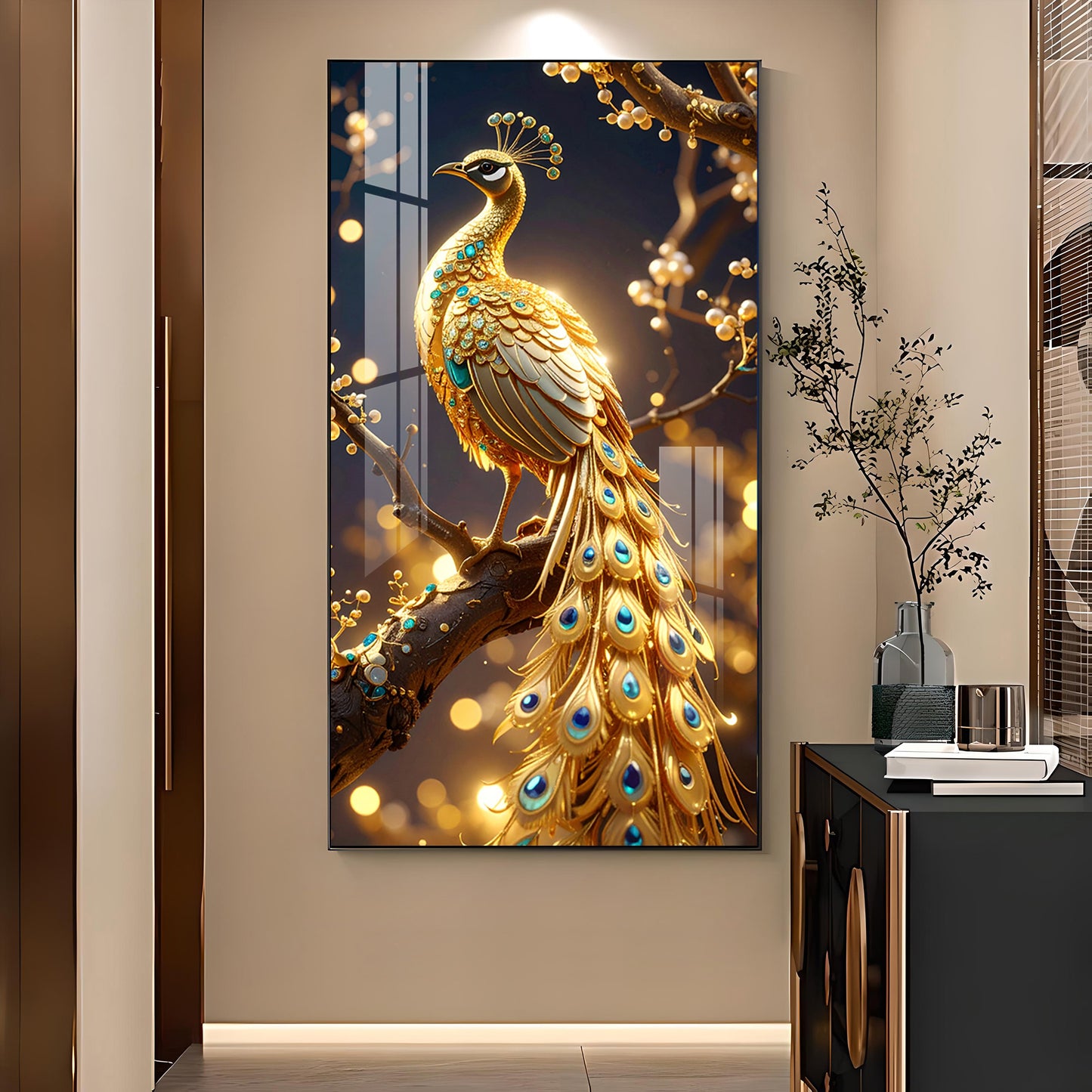 Celestial Golden Peacock Glass Finish Vertical Wall Art
