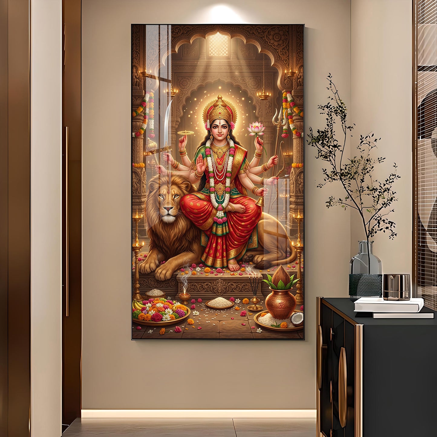 Durga Maa Glass Finish Vertical Wall Art