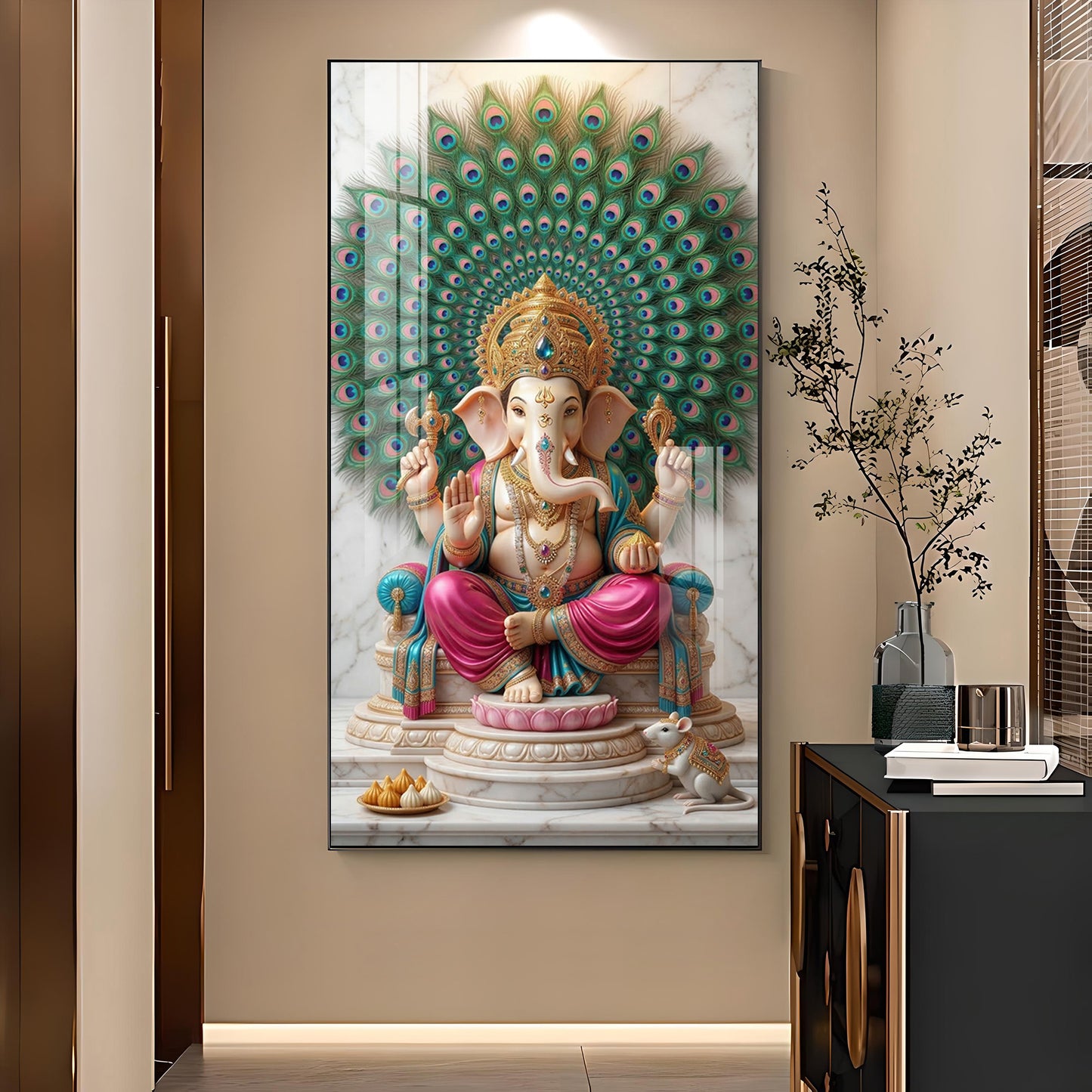 Lord Ganesha Glass Finish Vertical Wall Art