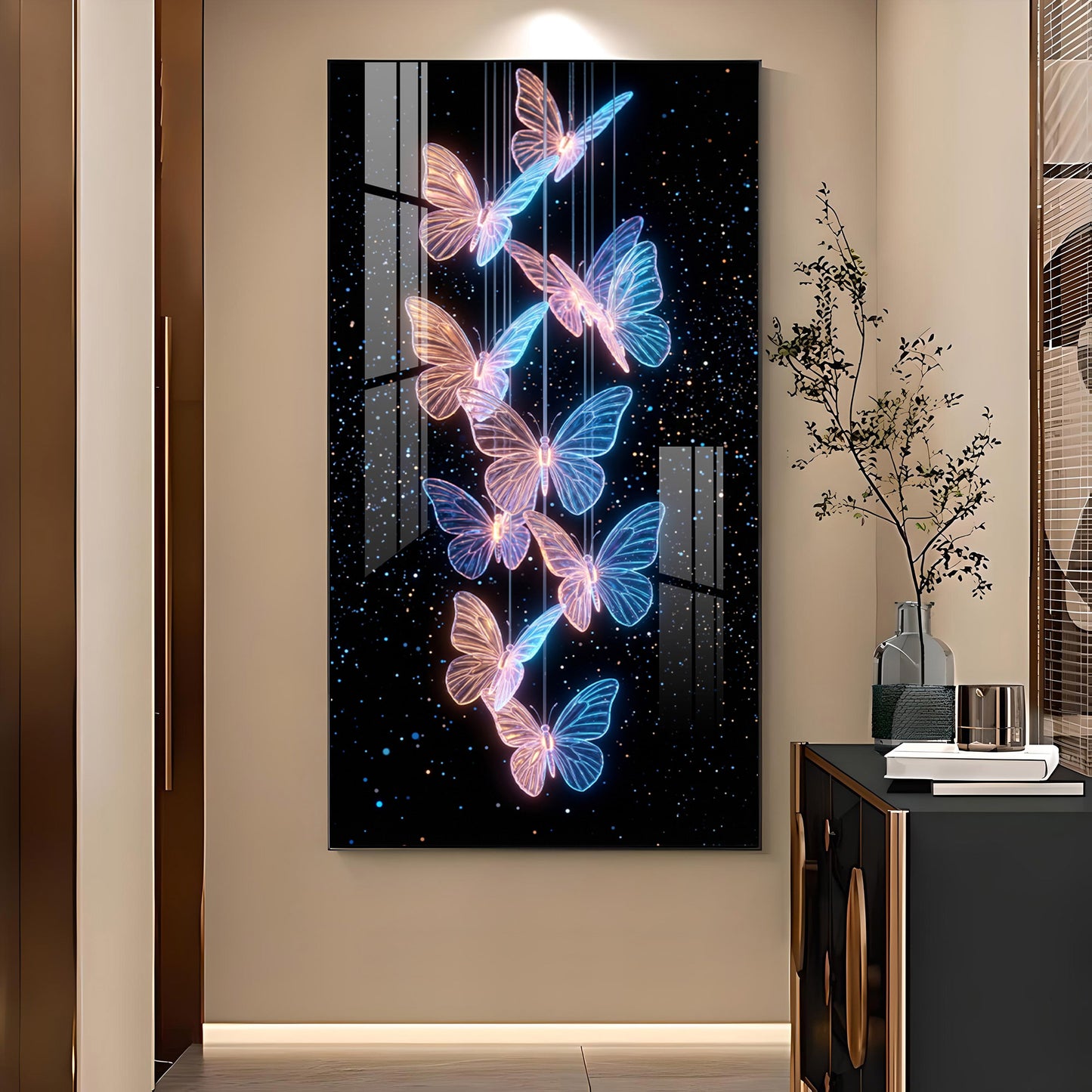 Blue & Pink Glowing Butterflies Glass Finish Vertical Wall Art
