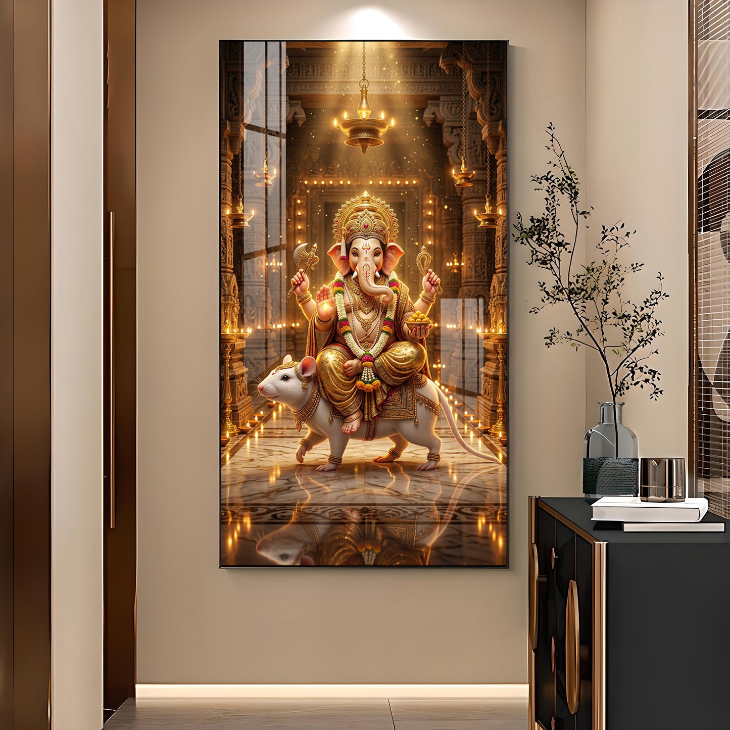 Ganesh Ji With Mushak Glass Finish Vertical Wall Art