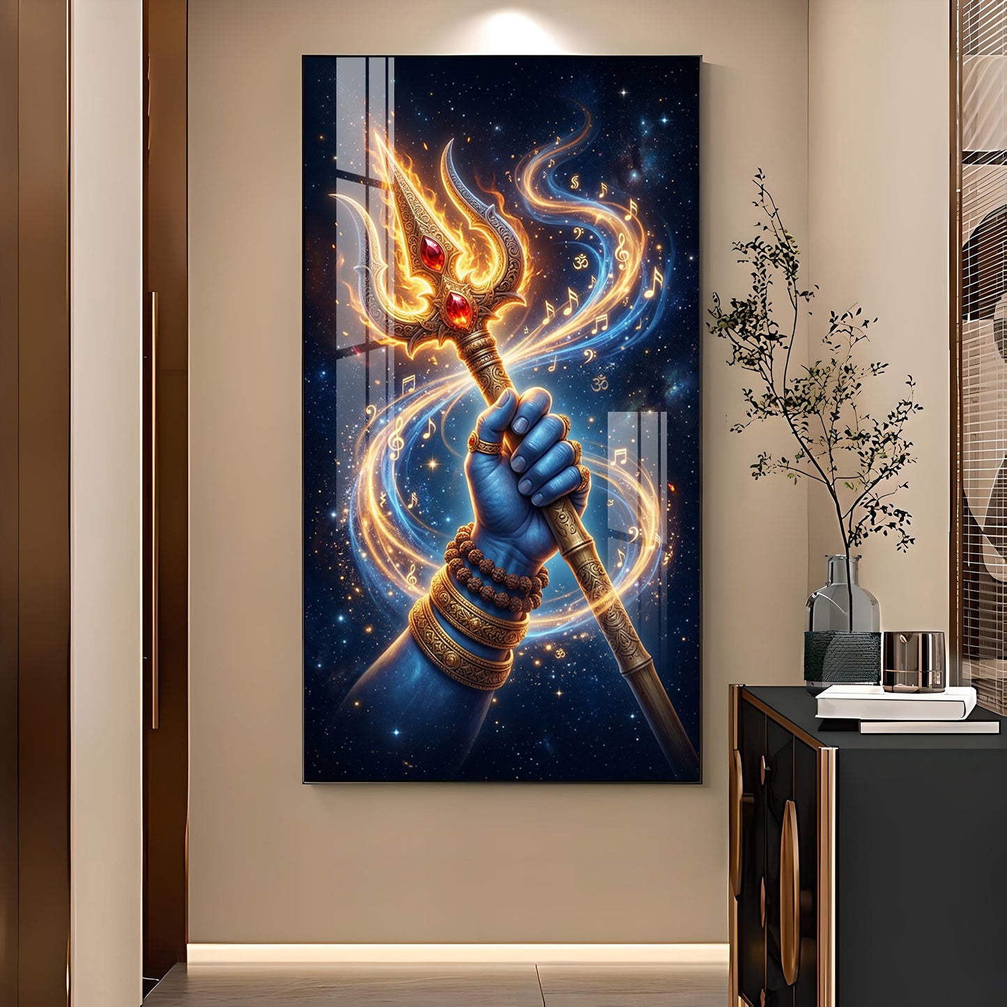 Lord Shiv Ji Trishul Glass Finish Vertical Wall Art