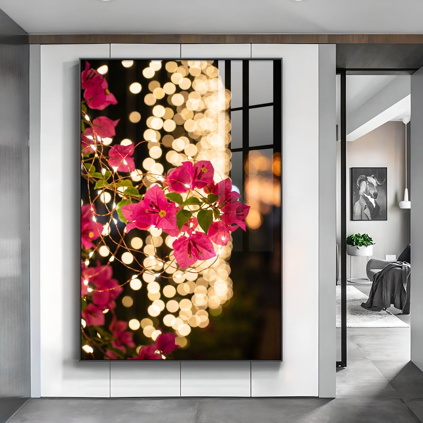 Pink Bougainvillea Flowers Glass Finish Vertical Wall Art
