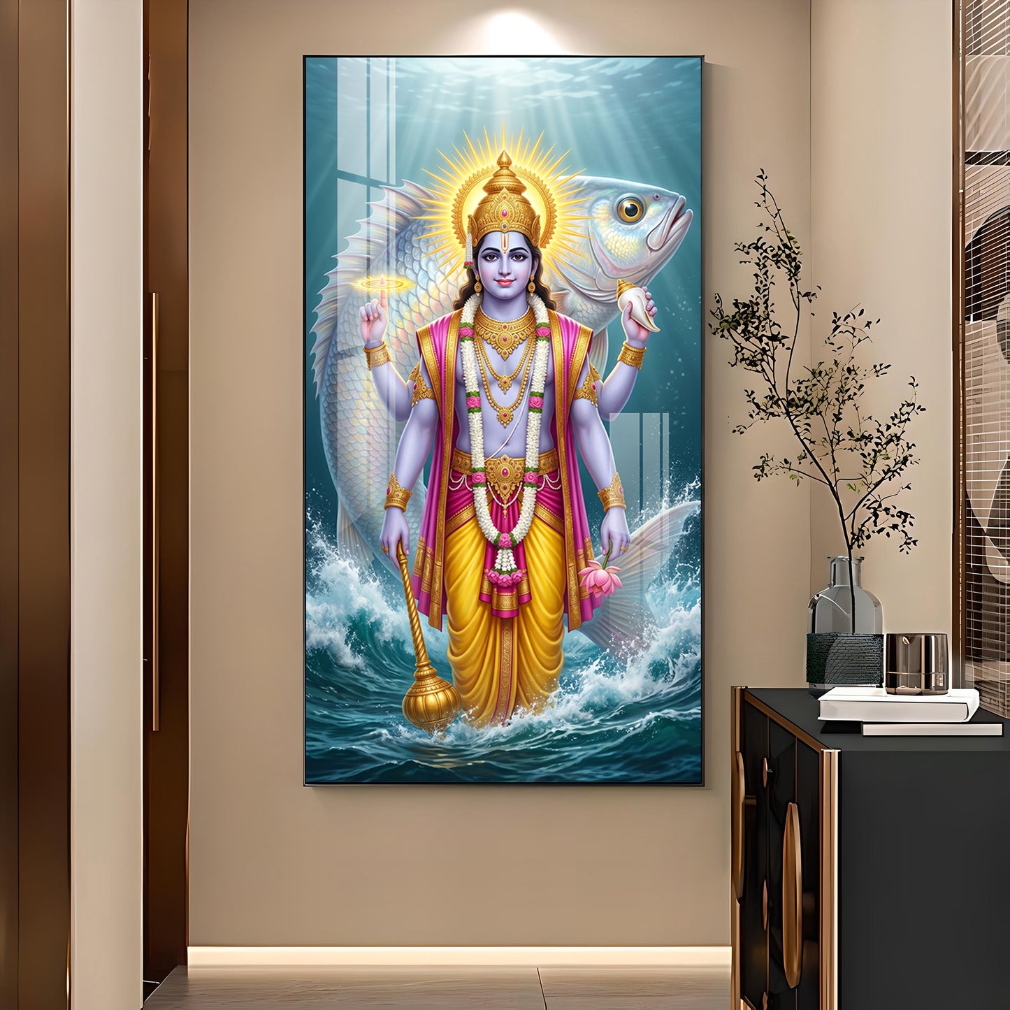 Lord Vishnu With Matsya Avatar Glass Finish Vertical Wall Art