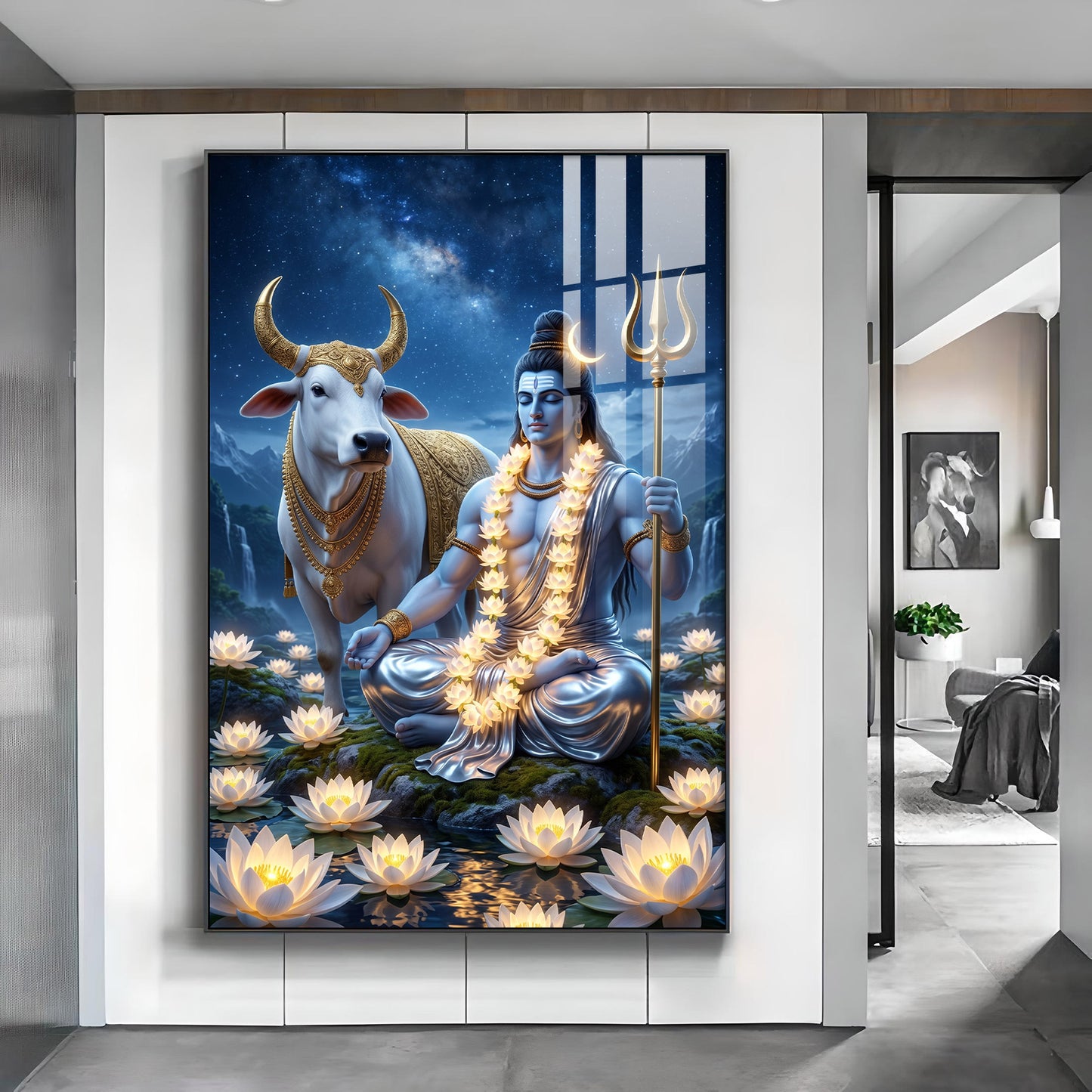 Lord Shiva Meditating Beside Nandi Glass Finish Vertical Wall Art
